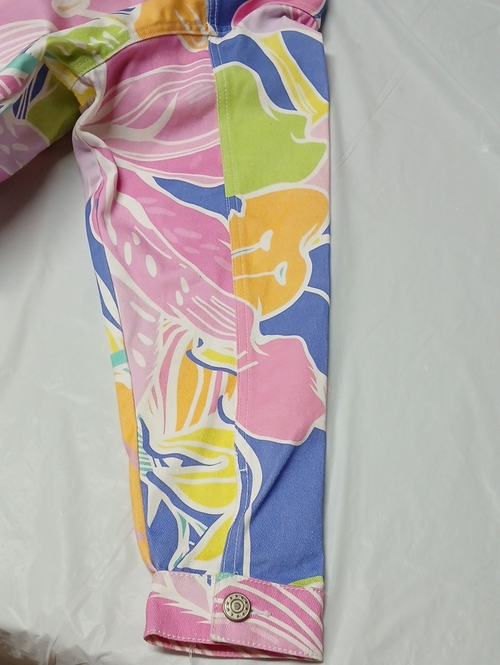 Jaded London Cropped Denim Trucker Jacket Multicolor Tropical Floral Print Sz L - Picture 11 of 16